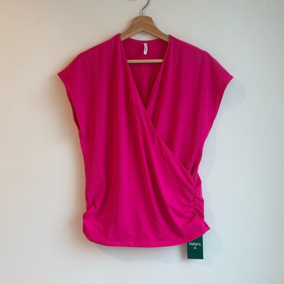 HALARA Tops - HALARA Women’s V Neck Cap Sleeve Crossover Ruched Hot Pink Work Blouse M NWT